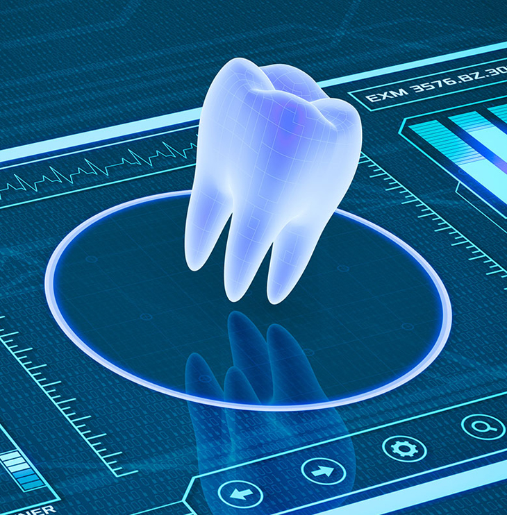 Digital 3D tooth hologram displayed on futuristic dental technology interface screen.