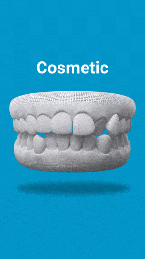 3D dental model showing teeth with cosmetic dentistry highlight on blue background