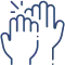 Multiple hands raised together in unity, symbolizing teamwork and community support in healthcare.