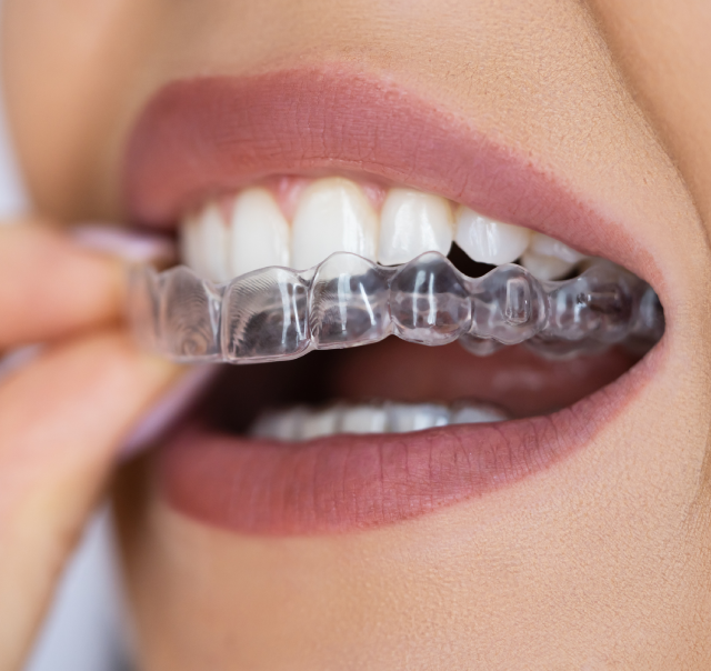 Person inserting clear dental aligner tray into mouth for orthodontic treatment.