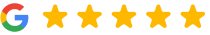 Google logo with five gold stars indicating a perfect five-star rating review.